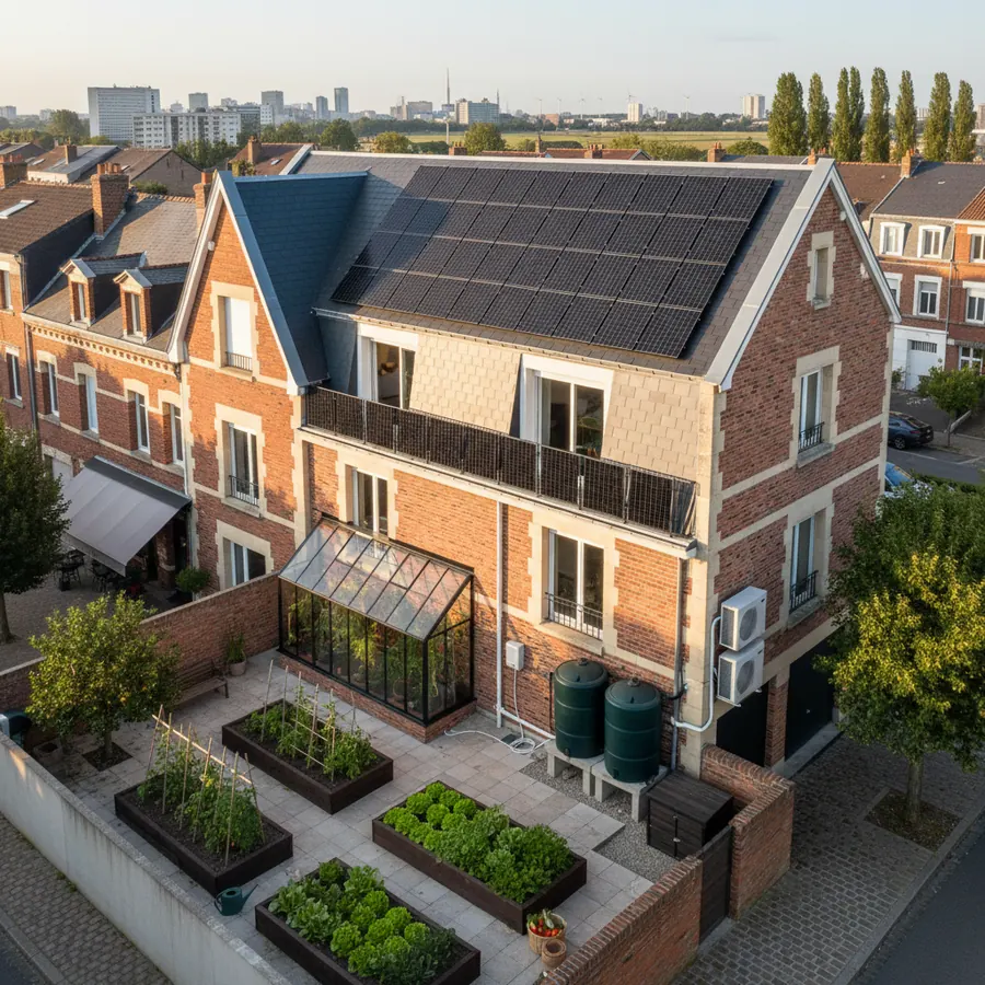 Maison en brique flamande à Lille (59000) équipée pour l'autonomie : champ de panneaux photovoltaïques couvrant tout le pan de toit, serre adossée, potager en bacs surélevés, cuves de récupération d'eau de pluie et pompe à chaleur.