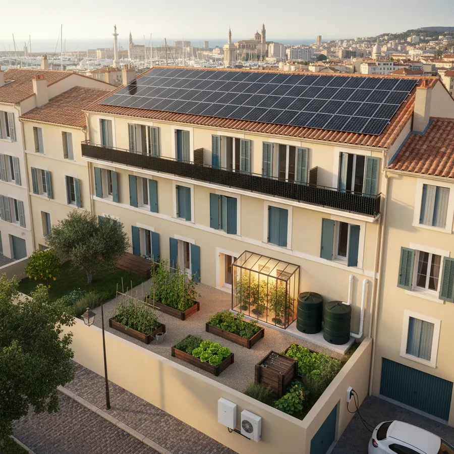 Immeuble marseillais (13001) équipé pour l'autonomie : toiture couverte de panneaux photovoltaïques, potager en bacs et serre en cœur d'îlot, cuves de récupération d'eau de pluie, pompe à chaleur, port et clochers marseillais en arrière-plan.